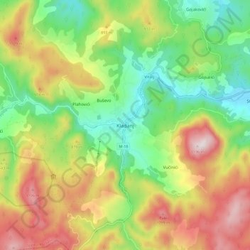 Topografische Karte Kladanj, Höhe, Relief