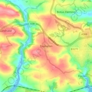 Topografische Karte Trematon, Höhe, Relief