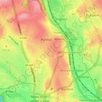 Topografische Karte Wolstanton, Höhe, Relief