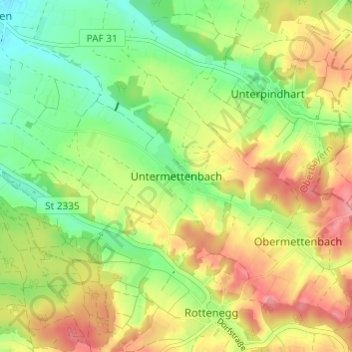 Topografische Karte Untermettenbach, Höhe, Relief
