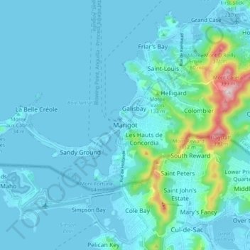 Topografische Karte Marigot, Höhe, Relief