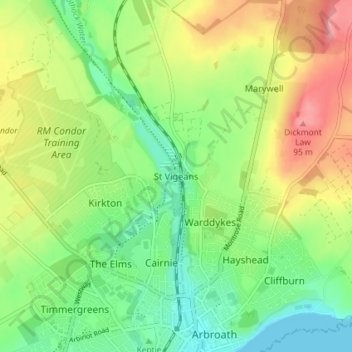 Topografische Karte St Vigeans, Höhe, Relief