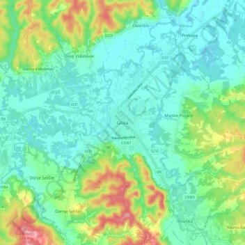 Topografische Karte Glina, Höhe, Relief