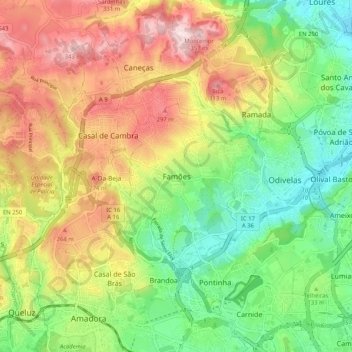 Topografische Karte Famões, Höhe, Relief