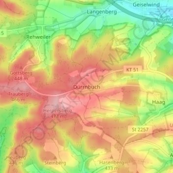 Topografische Karte Dürrnbuch, Höhe, Relief