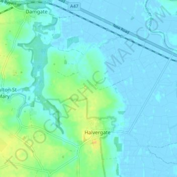 Topografische Karte Tunstall, Höhe, Relief