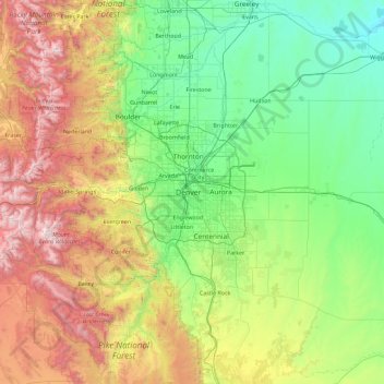 Topografische Karte Denver County, Höhe, Relief