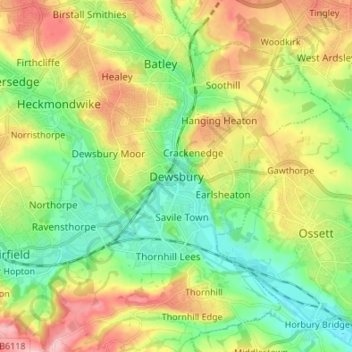 Topografische Karte Dewsbury, Höhe, Relief