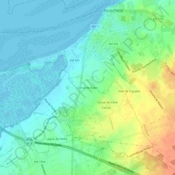 Topografische Karte Cercal de Baixo, Höhe, Relief