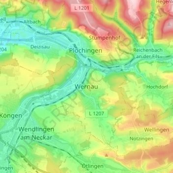 Topografische Karte Wernau, Höhe, Relief