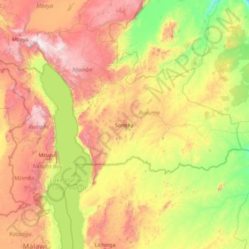 Topografische Karte Ruvuma, Höhe, Relief