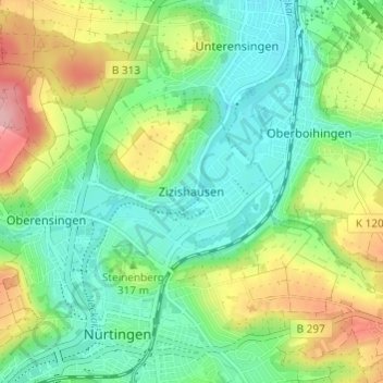 Topografische Karte Zizishausen, Höhe, Relief