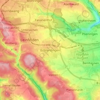 Topografische Karte Echterdingen, Höhe, Relief
