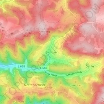 Topografische Karte Evingsen, Höhe, Relief
