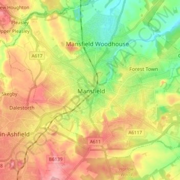 Topografische Karte Mansfield, Höhe, Relief
