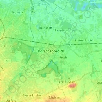 Topografische Karte Korschenbroich, Höhe, Relief