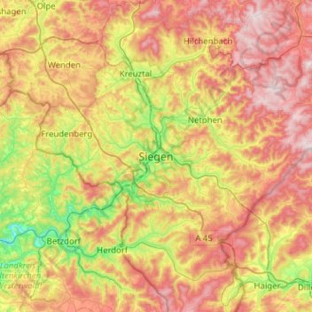 Topografische Karte Siegen, Höhe, Relief