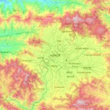 Topografische Karte Kathmandu, Höhe, Relief