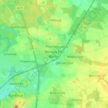 Topografische Karte Bernau bei Berlin, Höhe, Relief