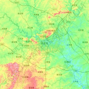 Topografische Karte Zigong, Höhe, Relief