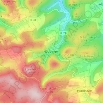 Topografische Karte Hüddingen, Höhe, Relief