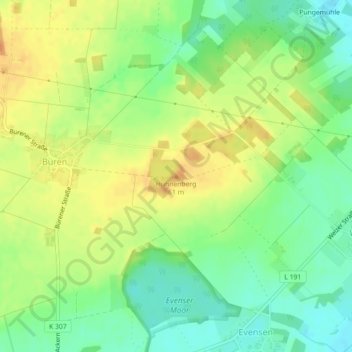 Topografische Karte Hühnenberg, Höhe, Relief