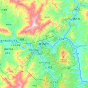 Topografische Karte Panzhihua, Höhe, Relief