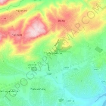 Topografische Karte Thohoyandou, Höhe, Relief