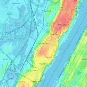 Topografische Karte North Bergen, Höhe, Relief