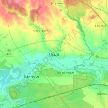 Topografische Karte Ujest, Höhe, Relief