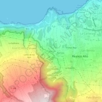 Topografische Karte Tigaiga, Höhe, Relief