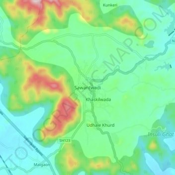 Topografische Karte Sawantwadi, Höhe, Relief