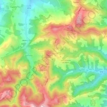 Topografische Karte Mongardino, Höhe, Relief
