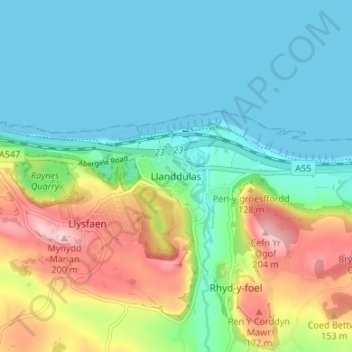 Topografische Karte Llanddulas, Höhe, Relief