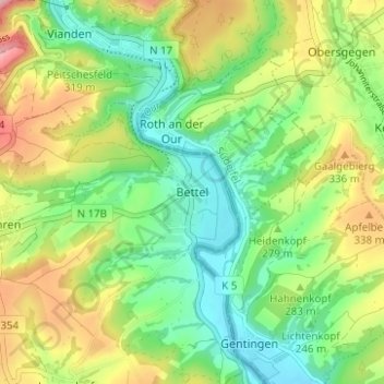 Topografische Karte Bettel, Höhe, Relief