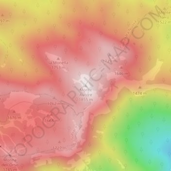Topografische Karte Monte Autore, Höhe, Relief