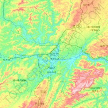 Topografische Karte Tongren, Höhe, Relief