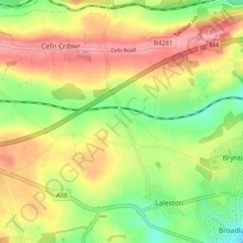 Topografische Karte Llangewydd, Höhe, Relief