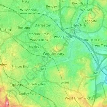 Topografische Karte Wednesbury, Höhe, Relief