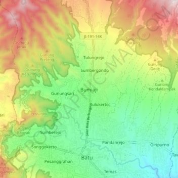Topografische Karte Bumiaji, Höhe, Relief