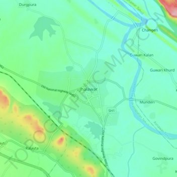 Topografische Karte Jhalawar, Höhe, Relief