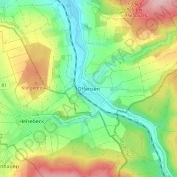 Topografische Karte Offensen, Höhe, Relief