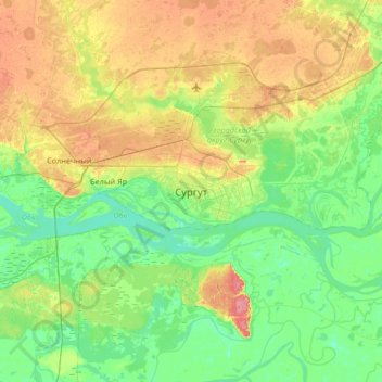 Topografische Karte Surgut, Höhe, Relief