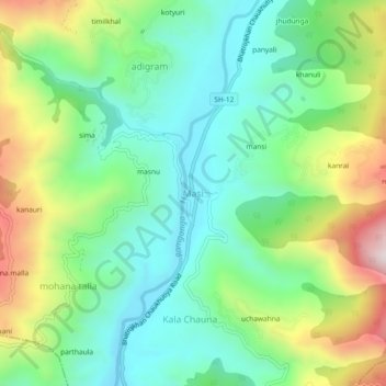 Topografische Karte Masi, Höhe, Relief