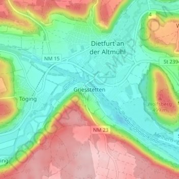Topografische Karte Griesstetten, Höhe, Relief