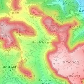 Topografische Karte Unterböhringen, Höhe, Relief