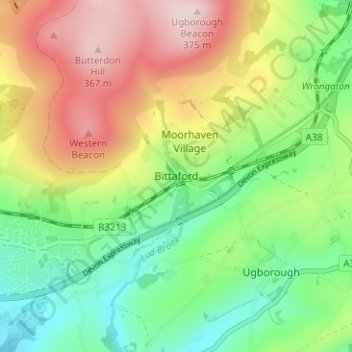 Topografische Karte Bittaford, Höhe, Relief