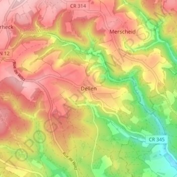 Topografische Karte Dellen, Höhe, Relief