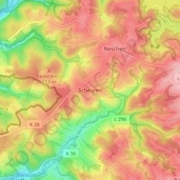 Topografische Karte Scheuren, Höhe, Relief