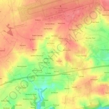 Topografische Karte Le Ménez, Höhe, Relief
